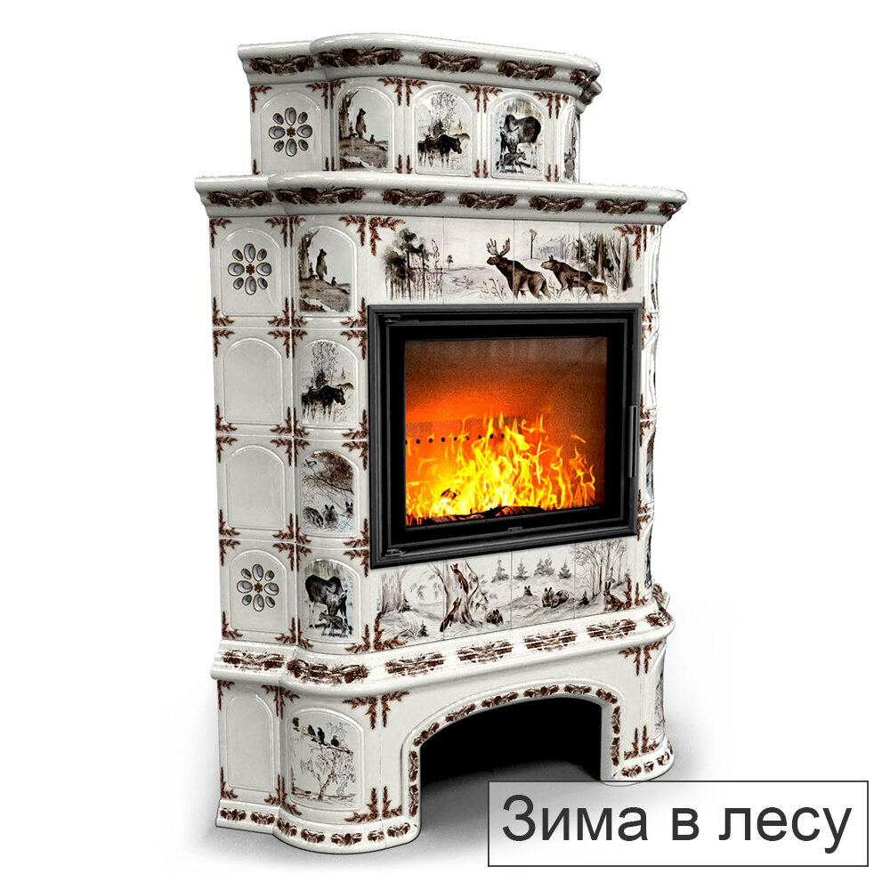 Каминная облицовка КимрПечь Прованс с дровником угловая двухъярусная МЛ-700(Исполнение Роспись, Цвет / Декор Зима в лесу)