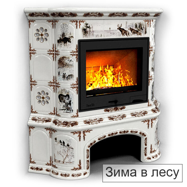 Каминная облицовка КимрПечь Прованс с дровником угловая декоративная(Исполнение Роспись, Цвет / Декор Зима в лесу)